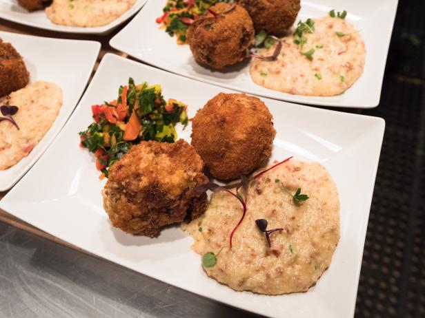 Crawfish Boudin Balls, Andouille Grits and Collard Green Chowchow